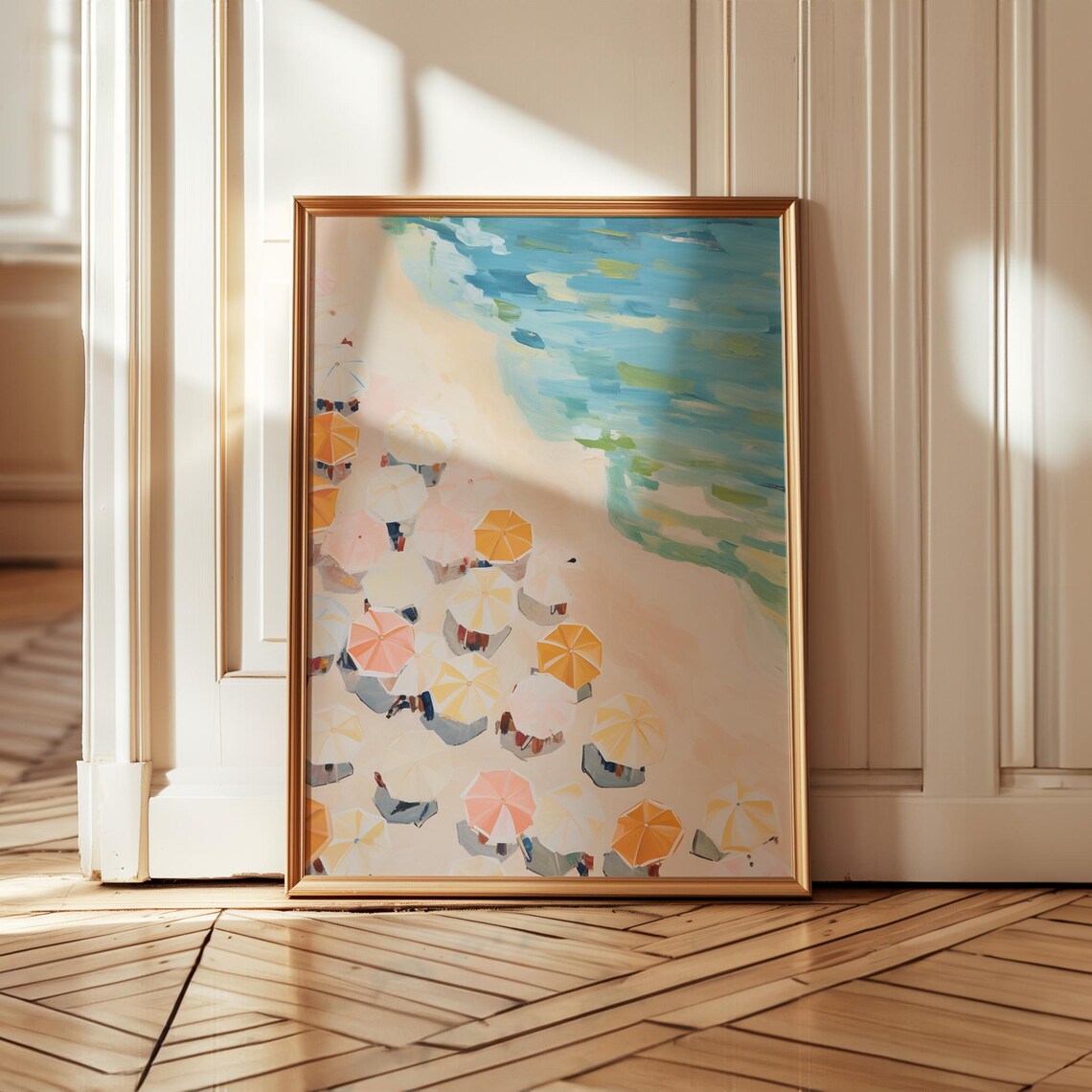 Aerial Beach View Colorful Umbrellas Pastel Shore Sand Sea Poster - Image 3