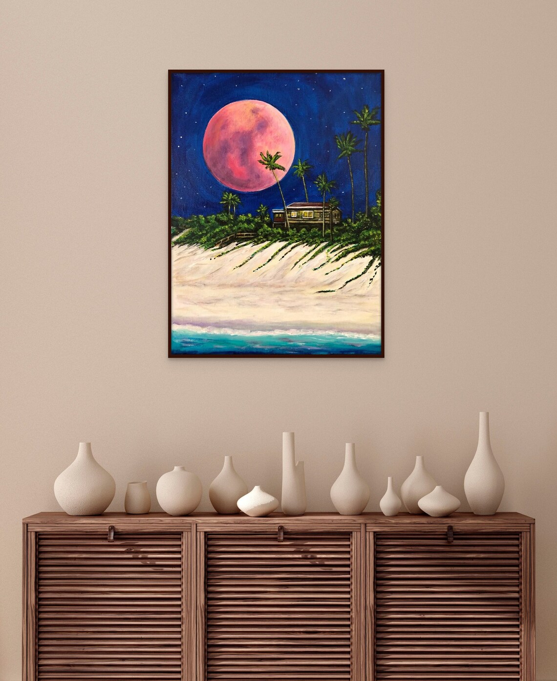 Pink Moon Beach Night Painting Palm Trees Cottage Tropical Art Poster - Image 4