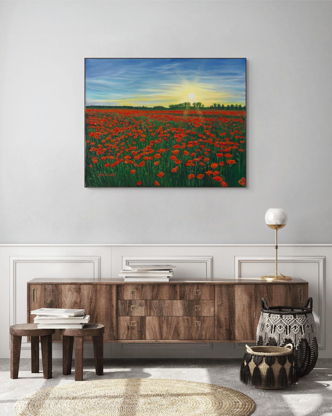Red Poppy Field Sunset Bloom Blue Sky Wildflower Meadow Poster - Image 2