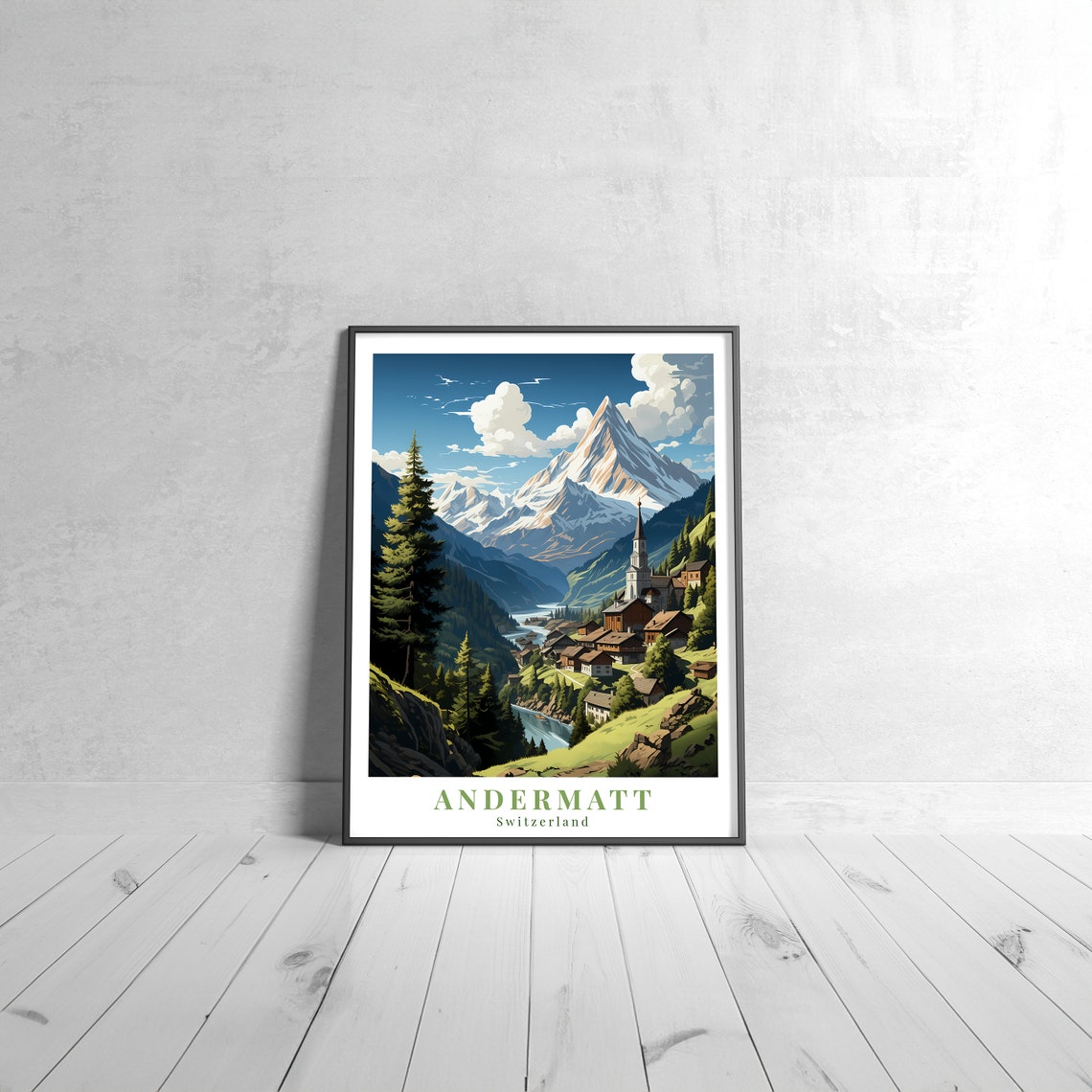 Andermatt Switzerland Alpine Village Snowy Peak Valley Travel Poster