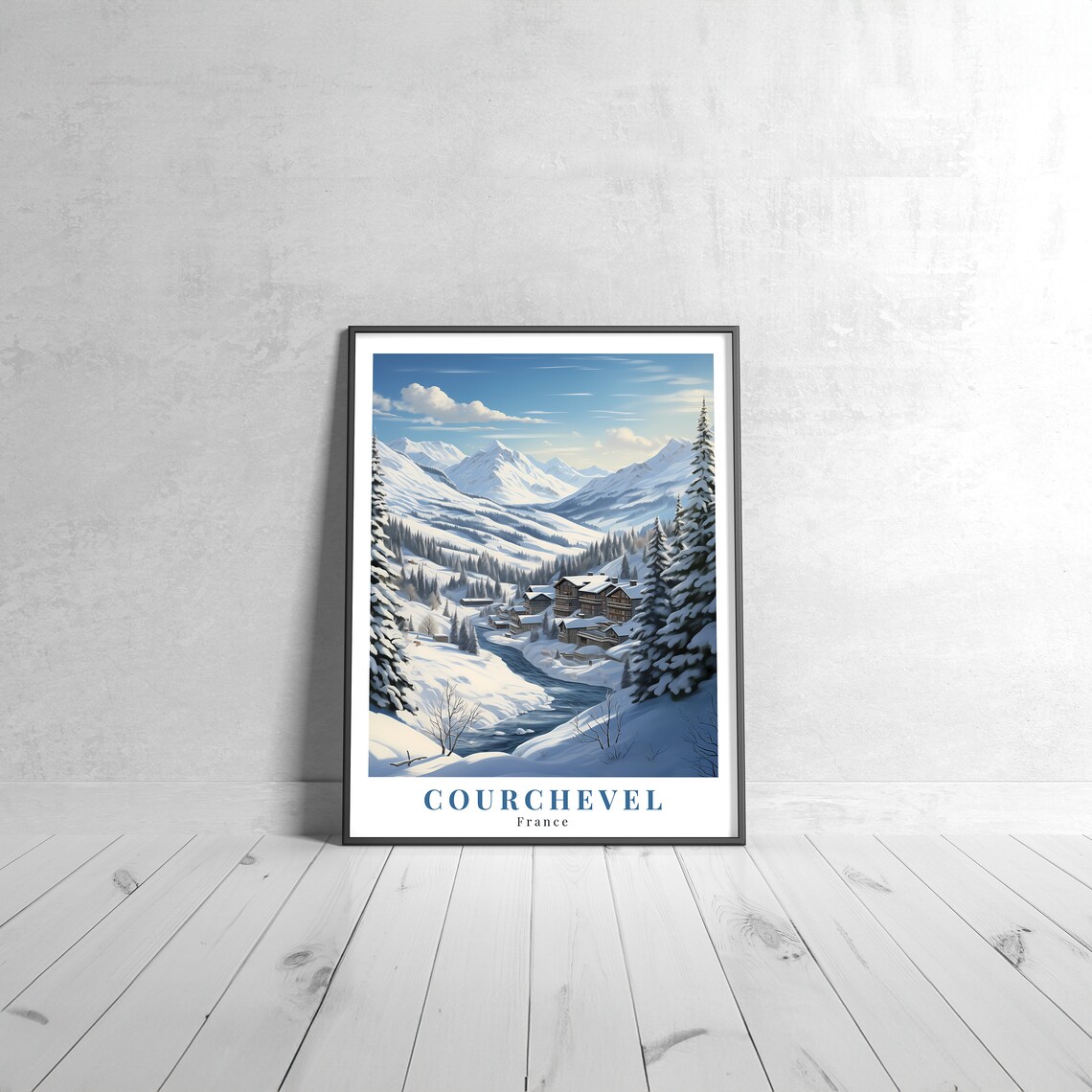 Courchevel France Snowy Ski Village Winter Travel Style Poster
