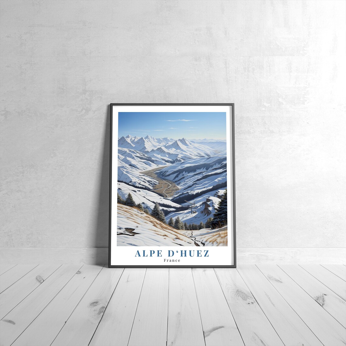 Alpe d'Huez France Vintage Travel Poster Snowy Alpine Valley Scene