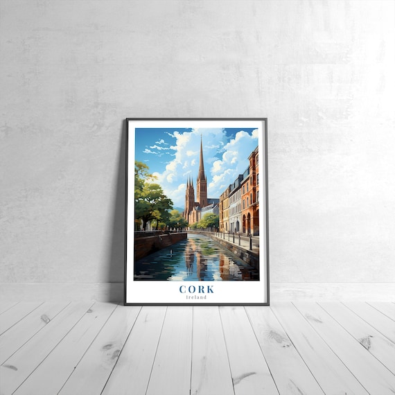 Cork Ireland River Cathedral Spires Historic City Street Travel Poster