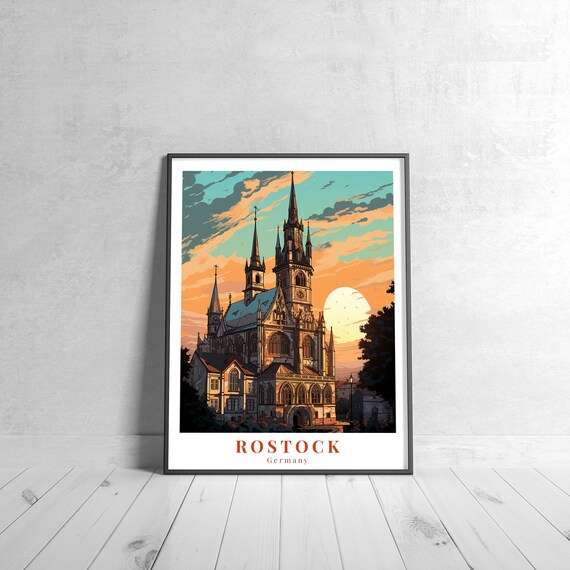Rostock Germany Vintage Church Spires At Sunset Travel Poster