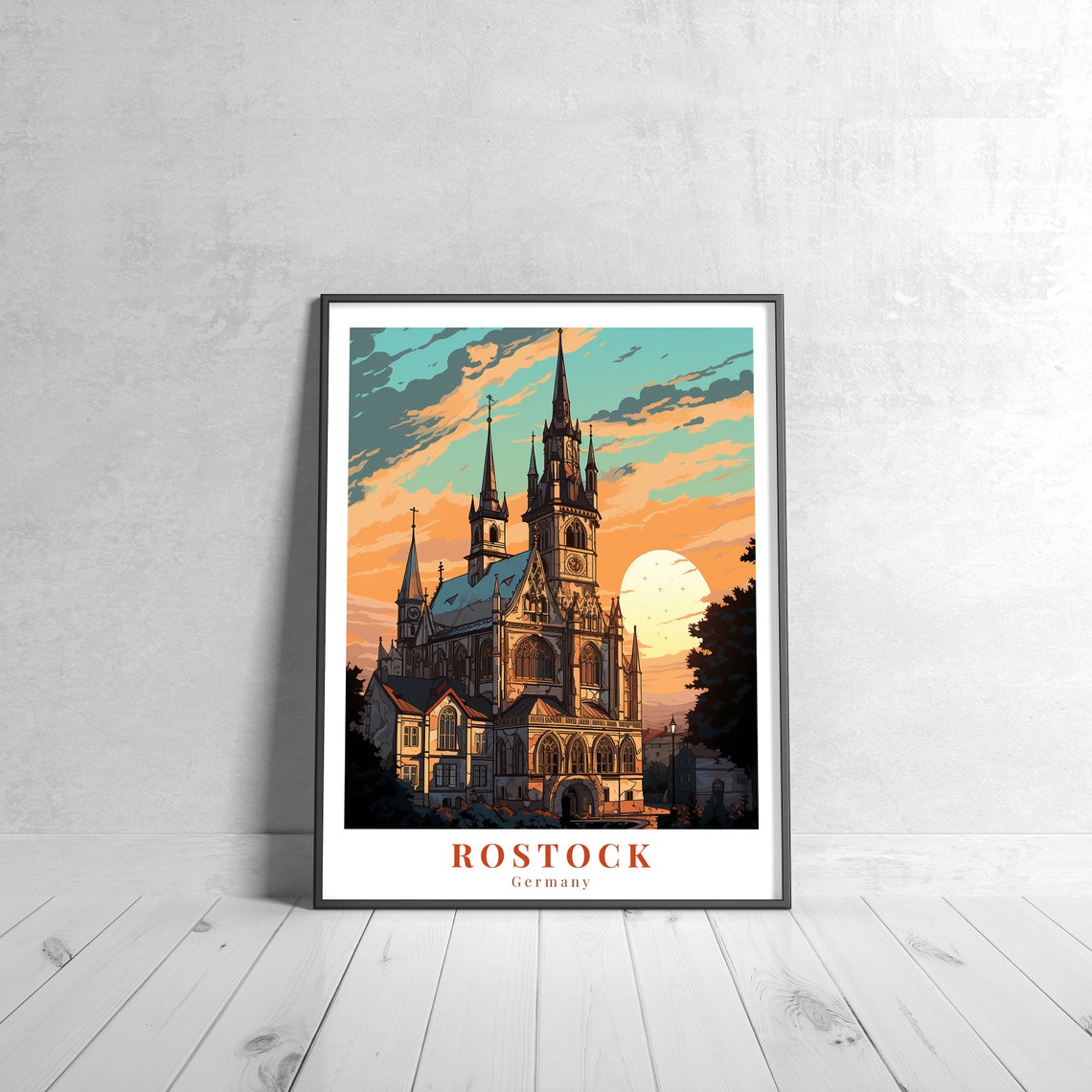 Rostock Germany Vintage Church Spires At Sunset Travel Poster
