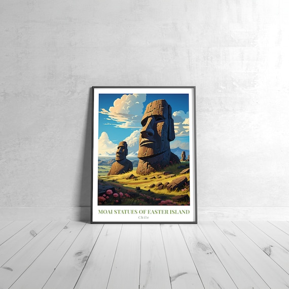 Moai Statues Ancient Easter Island Chile Vintage Travel Art Poster