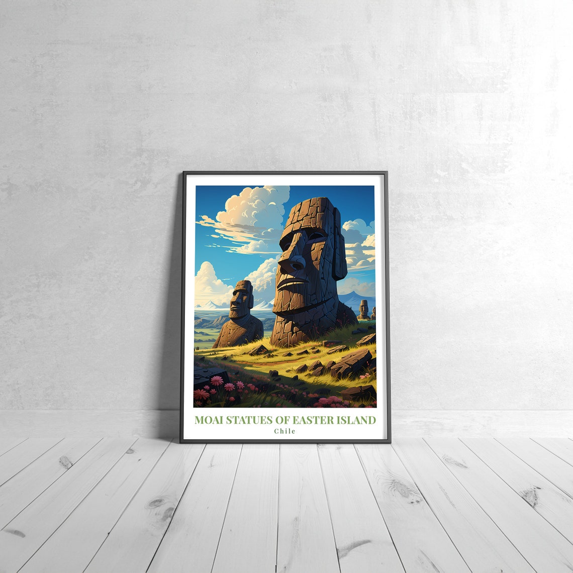 Moai Statues Ancient Easter Island Chile Vintage Travel Art Poster