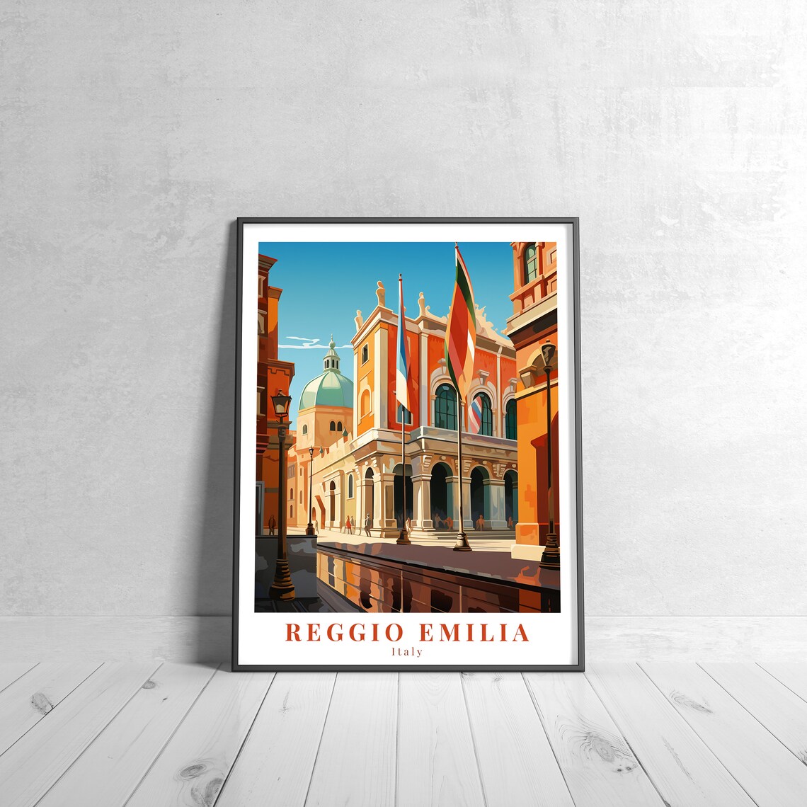 Reggio Emilia Italy Theater Square Flags Vintage Travel Poster
