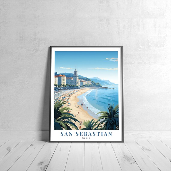 San Sebastian Spain Beach Promenade Palm Retro Vintage Travel Poster