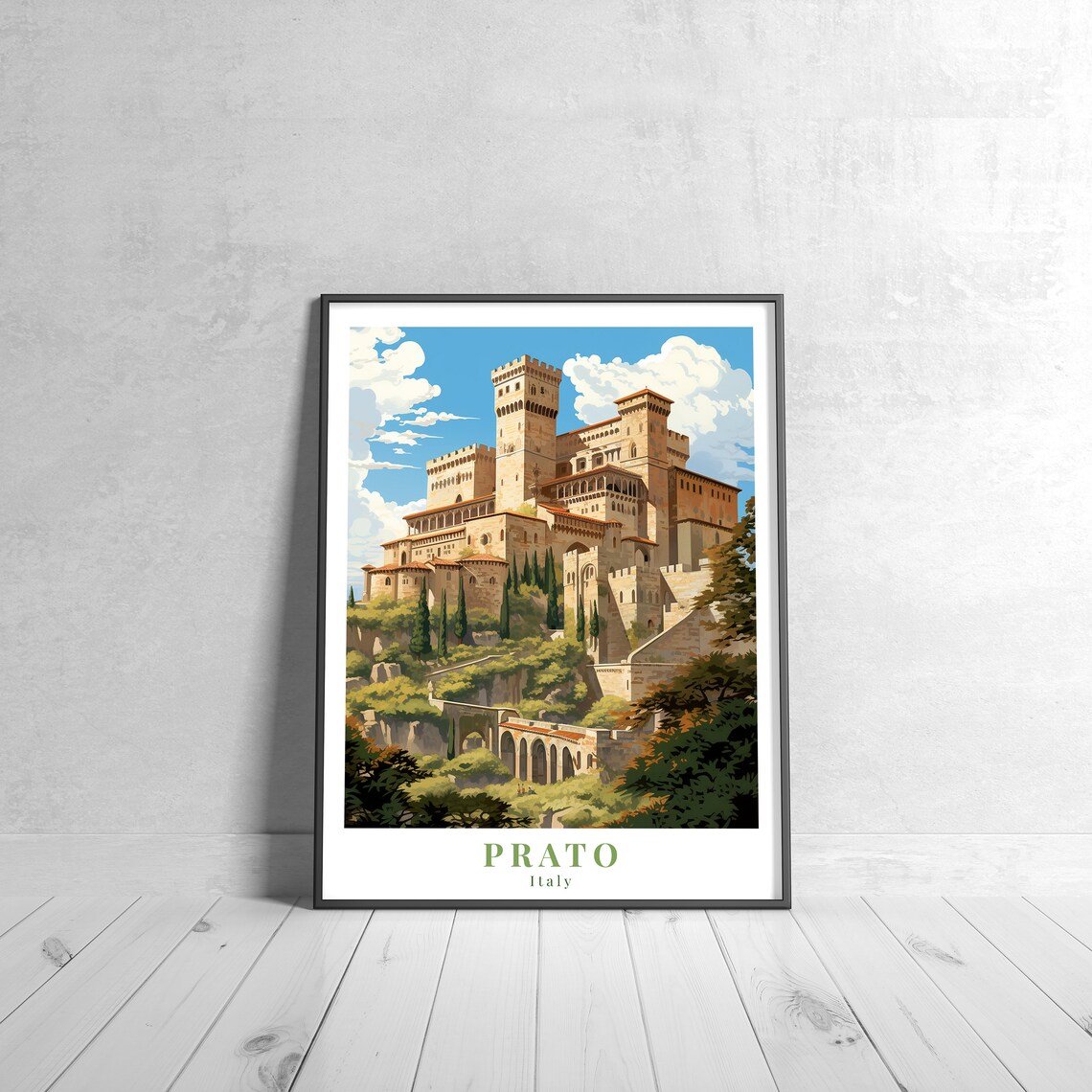 Prato Italy Vintage Travel Poster Medieval Castle Hilltop Art
