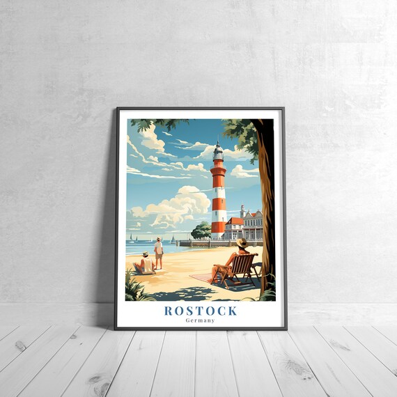 Rostock Germany Lighthouse Beach Summer Vintage Travel Poster
