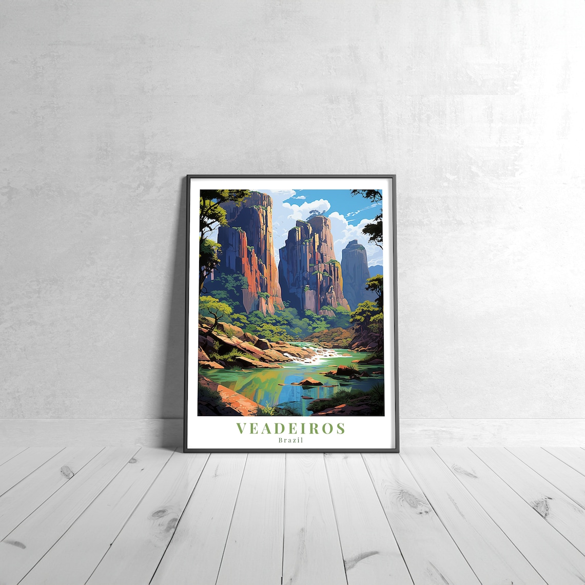 Veadeiros Brazil Vintage Travel Poster Rocky Canyon River National Park Scene