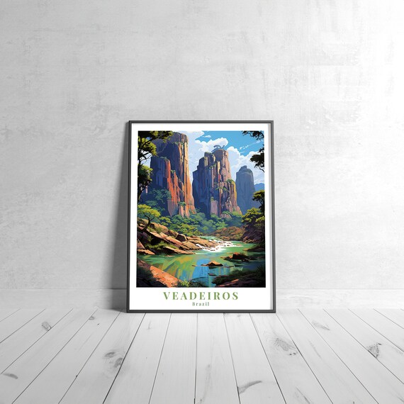 Veadeiros Brazil Vintage Travel Poster Rocky Canyon River National Park Scene