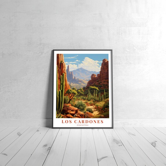 Los Cardones Argentina Vintage Travel Poster of Desert Cacti and Red Cliffs