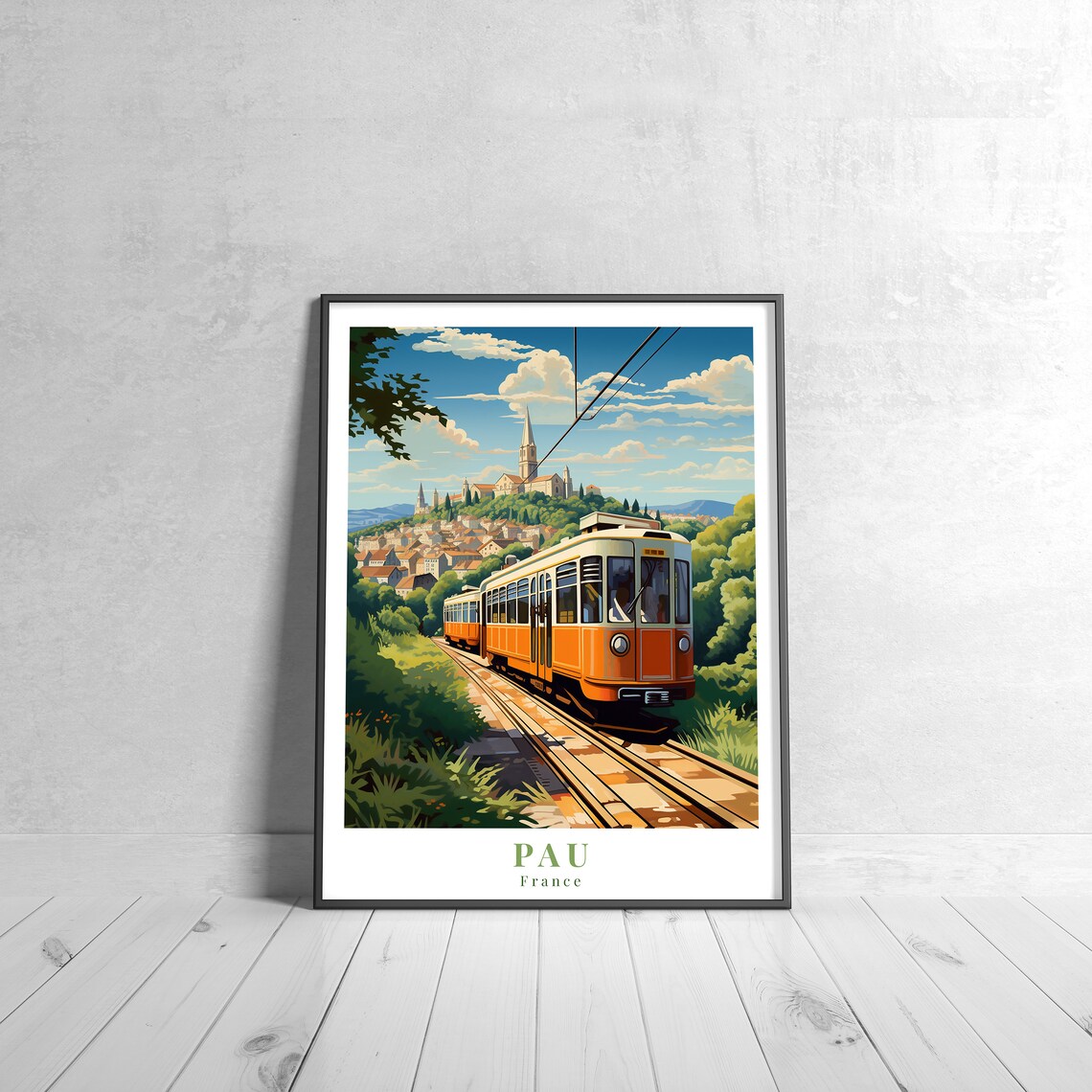 Pau France Retro Tram Funicular Mountain Town Vintage Travel Poster