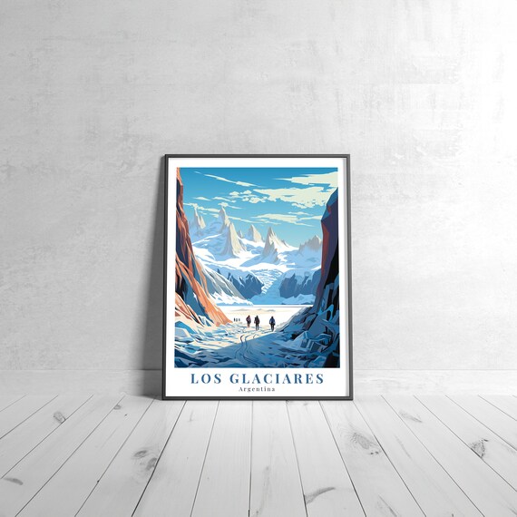 Los Glaciares Argentina Vintage Travel Poster Snowy Peaks Glacier View