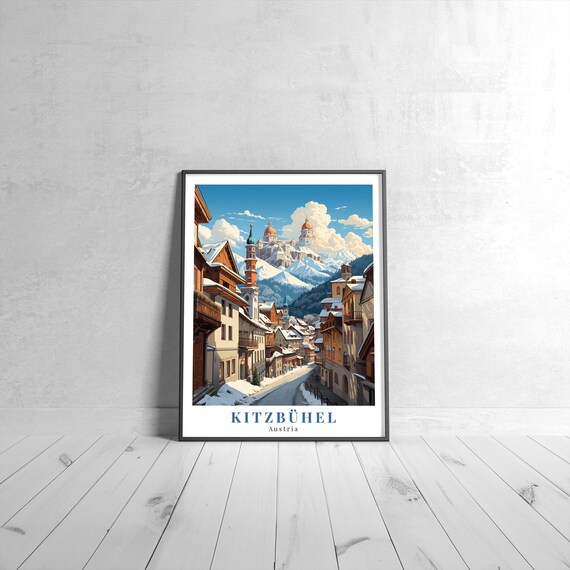 Kitzbuhel Austria Snowy Alpine Town Church Vintage Travel Art Poster
