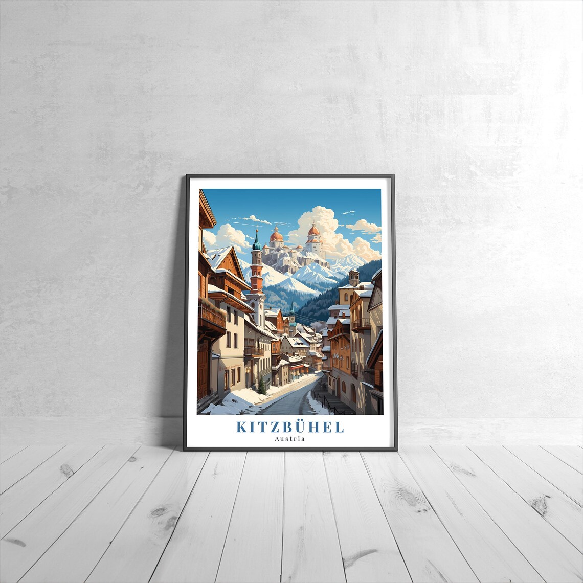 Kitzbuhel Austria Snowy Alpine Town Church Vintage Travel Art Poster