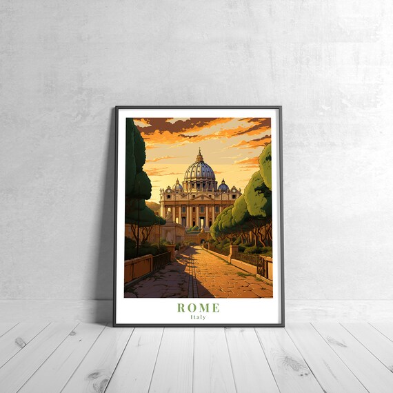 Rome Italy Saint Peters Basilica Golden Sunset Vintage Travel Poster