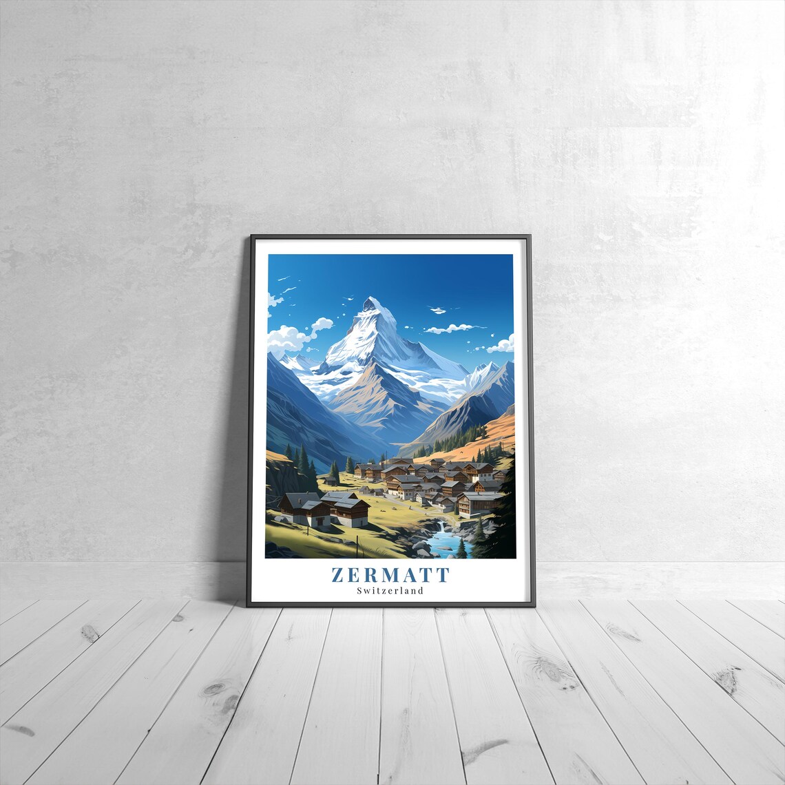 Zermatt Switzerland Vintage Travel Poster Matterhorn Village Alpine View