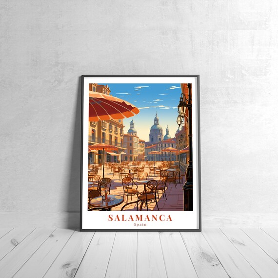 Salamanca Spain Historic Plaza Outdoor Cafes Vintage Travel Poster