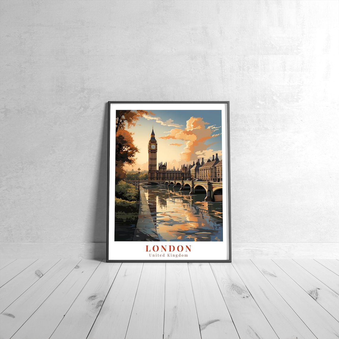 London Big Ben Sunset Thames Reflection Golden Hour Travel Poster