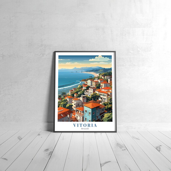 Vitoria Brazil Coastal City Vintage Travel Poster Colorful Beach Scene