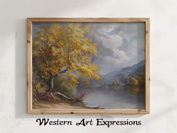 Moody Autumn Tree Beside a Misty Lake Vintage Oil Painting Poster