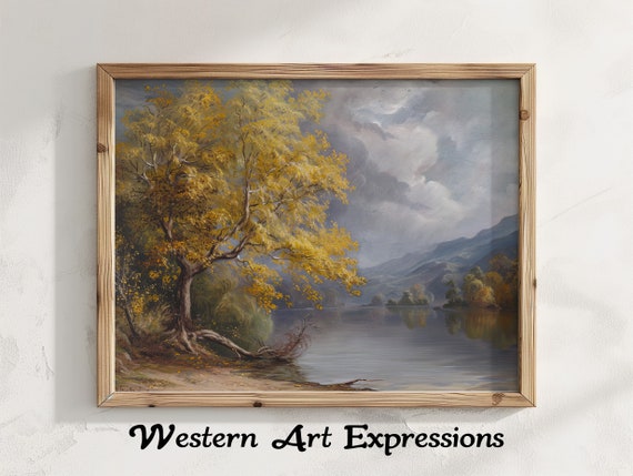Poplar On The Lake Moody Oil Painting Autumn Landscape Vintage Nature Wall Art Rustic Home Decor Scenic Print