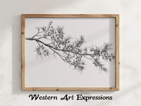 Small Branch Pine Needles Ink Drawing Botanical Line Art Print Minimalist Wall Decor Nature Inspired Artwork