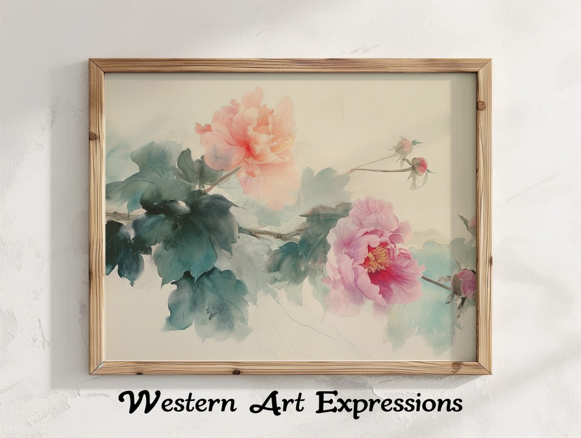 Pink Peonies on a Branch Chinese Ink Wash Watercolor Floral Poster