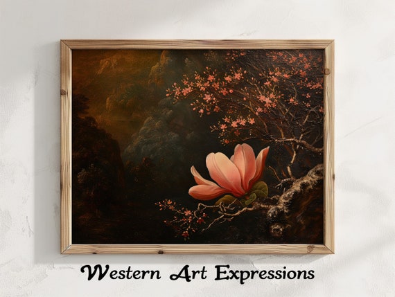 Tulip Tree Moody Vintage Painting Floral Art Print Blossom Wall Decor Rustic Home Nature Inspired Artwork