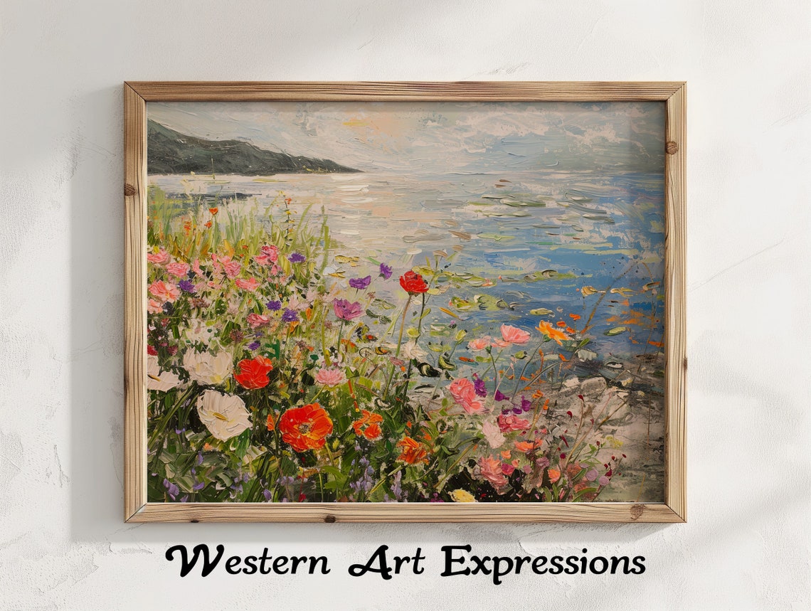 Lakeside Wildflowers At Sunset Impressionist Oil Painting Poster
