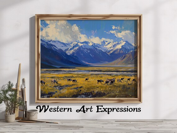 Arctic Refuge Caribou Herd Mountain Oil Painting Wilderness Poster