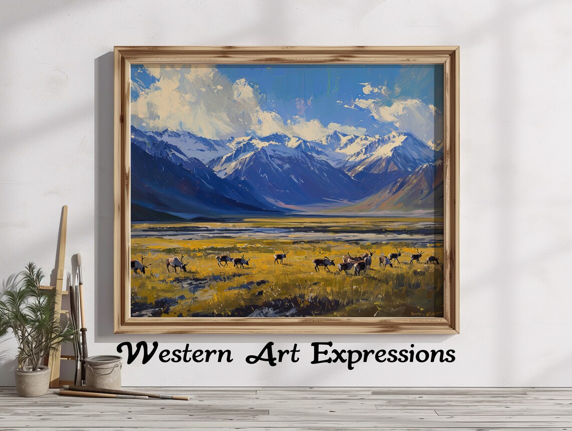 Arctic Refuge Caribou Herd Mountain Oil Painting Wilderness Poster