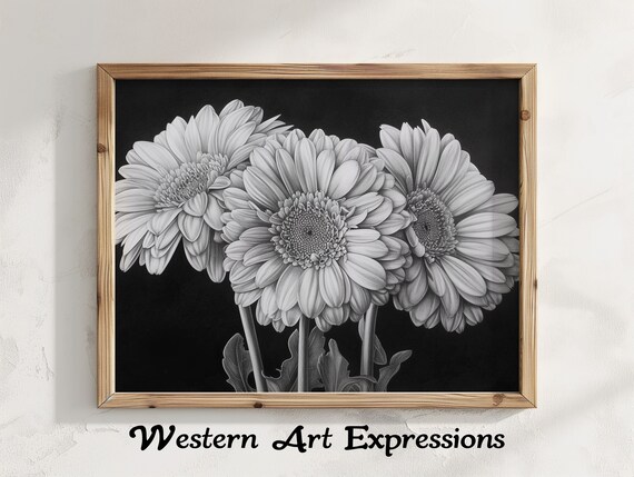 Gerbera Daisies Trio Ink Drawing Black And White Daisy Wall Art Elegant Floral Print Monochrome Botanical Illustration