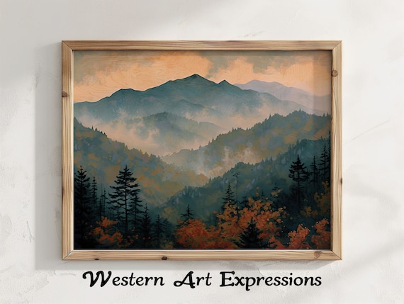 Misty Autumn Smoky Mountains Pine Forest Foggy Landscape Painting Poster