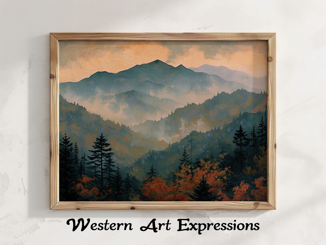 Misty Autumn Smoky Mountains Pine Forest Foggy Landscape Painting Poster