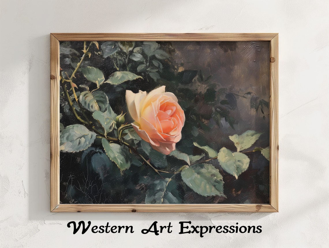 Orange Rose Vintage Oil Painting Single Bloom Floral Art Poster