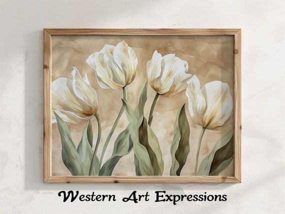 Watercolor Tulips Blooming Vintage Style White Art Neutral Wall Decor Floral Painting Botanical Print