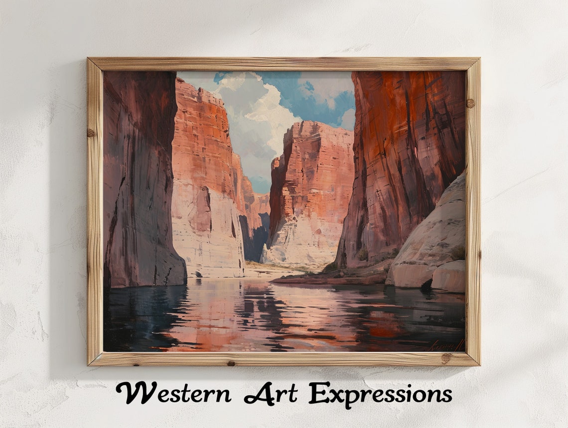 Lake Powell Slot Canyon View Oil Painting Print Rustic Decor Landscape Wall Art