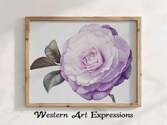Camellia Flower Watercolor Illustration Botanical Wall Art Purple Rose Floral Home Decor Living Room Decoration