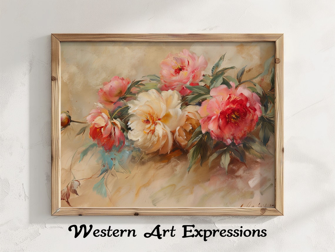 Blush Pink Peonies Vintage Botanical Oil Painting Floral Poster