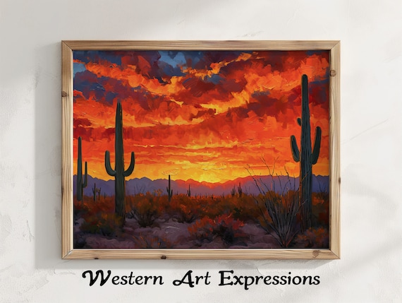 Saguaro National Park Sunset Cactus Desert Oil Painting Poster