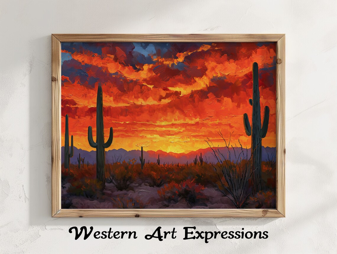 Saguaro National Park Sunset Cactus Desert Oil Painting Poster