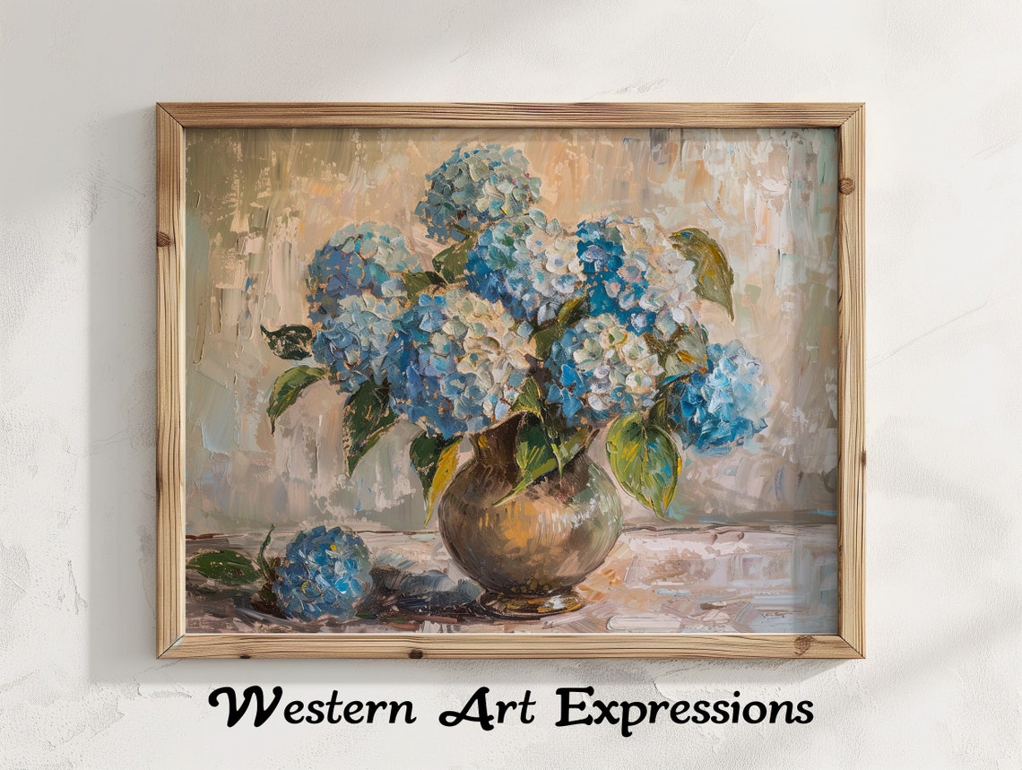 Blue Hydrangeas In Vase Textured Oil Painting Floral Wall Art