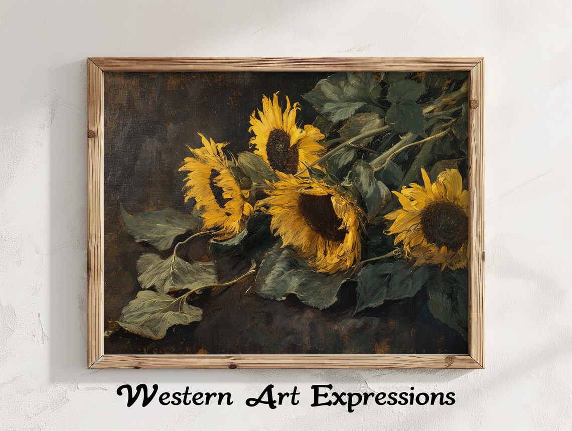 Fallen Sunflowers Dark Vintage Floral Still Life Painting Wall Art