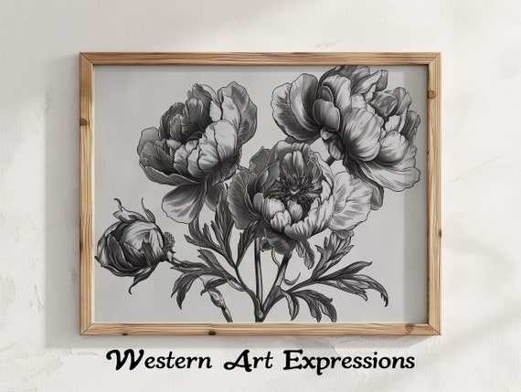 Three Flowers Ink Print Botanical Wall Art Black And White Peony Drawing Floral Home Decor Large Bedroom Hanging