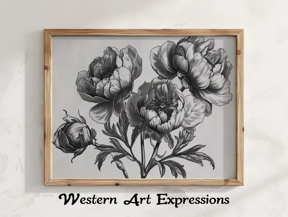 Three Flowers Ink Print Botanical Wall Art Black And White Peony Drawing Floral Home Decor Large Bedroom Hanging
