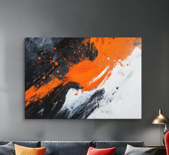 Abstract Expressionist Wall Art Bold Black White And Orange Painting Dynamic Artwork Modern Home Decor Contemporary Art Piece